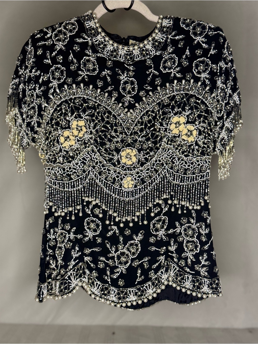 Vintage Oleg Cassini Black Tie Silk Beaded Pearl Top Size S